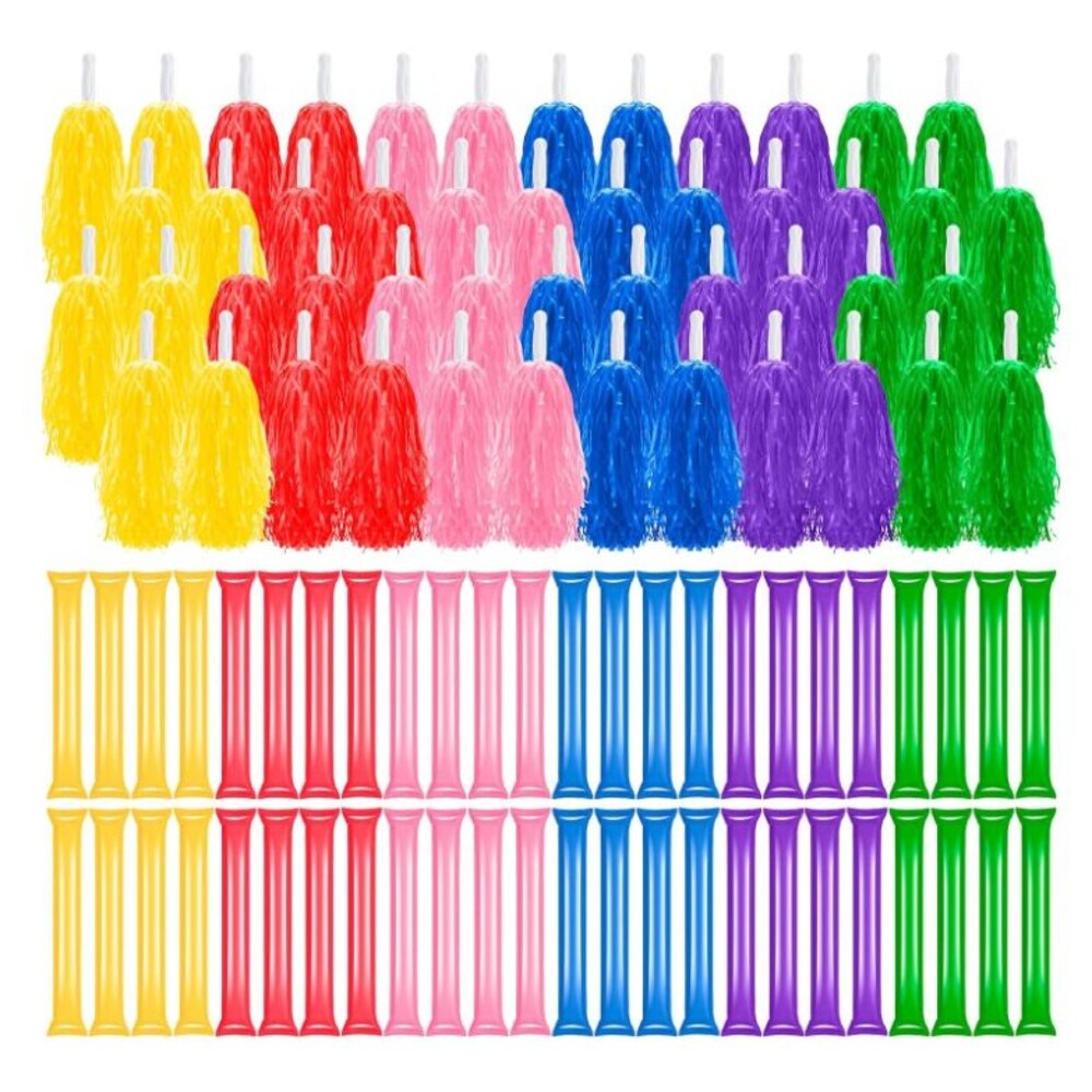 96 Pcs Cheerleading Pom Poms and Thunder Sticks Set - 48 Pom Poms & 48 Boom PINK